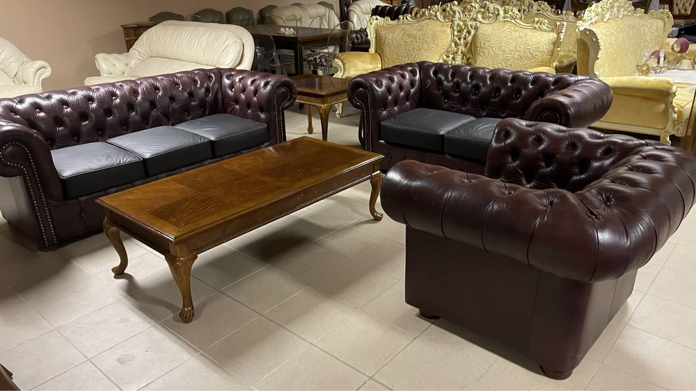 Komplet Wypoczynkowy Skórzany Skóra Chesterfield Londyn Angielski