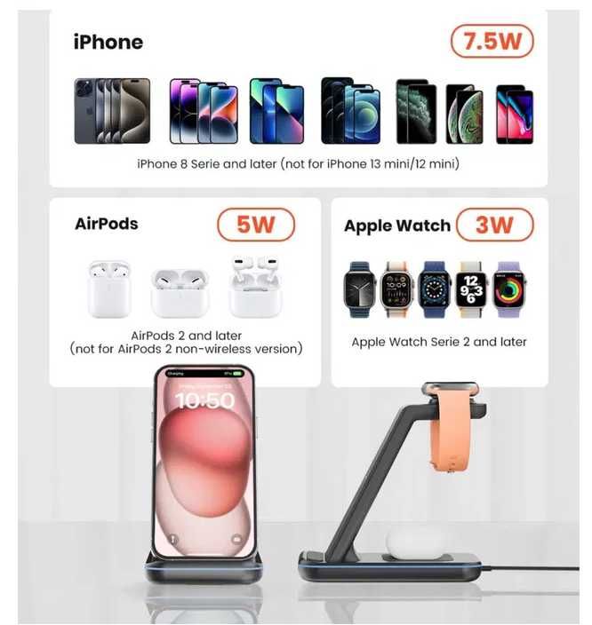 Ładowarka bezprzewodowa, 3 w 1 Stacja ładująca do iPhone GEEKERA