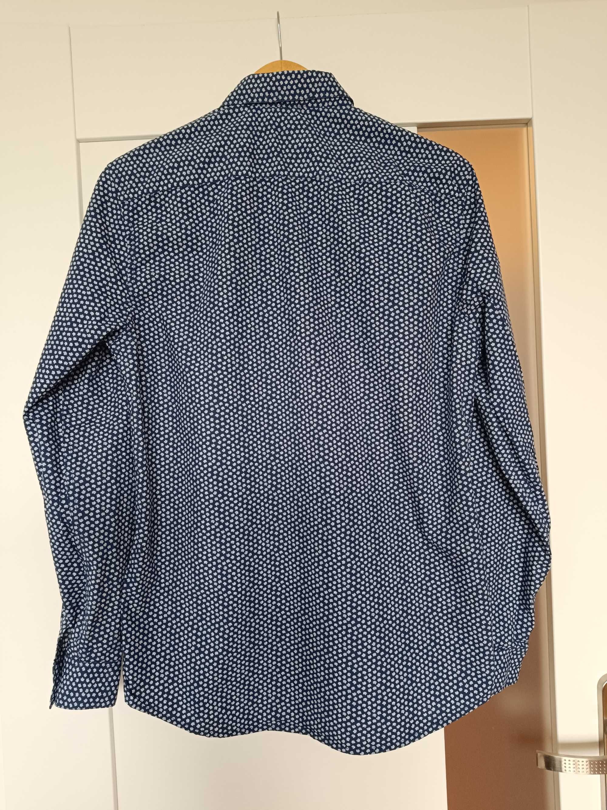 Granatowa koszula męska w białe kwiatuszki H&M slim fit M
