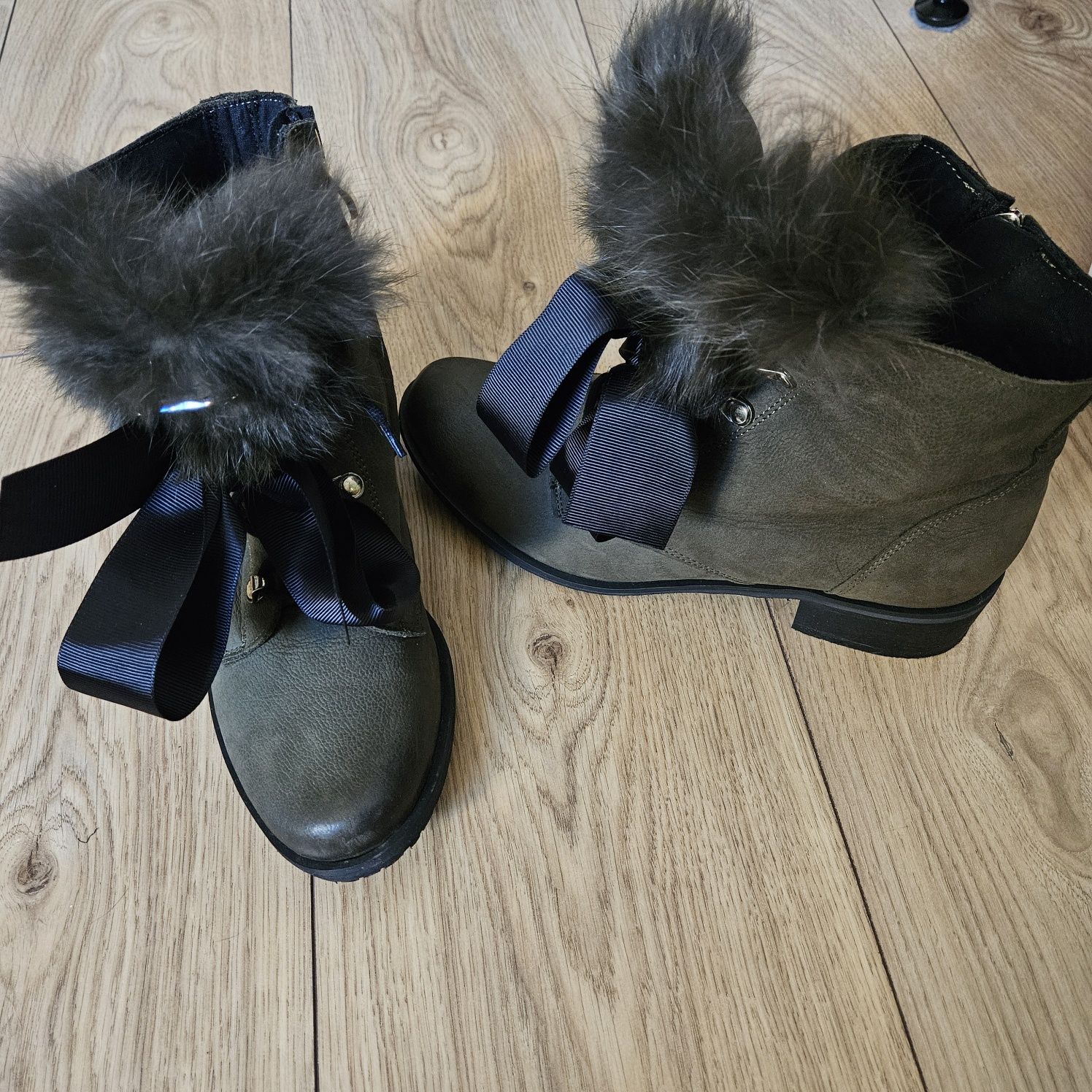 Kozaki ze skóry naturalnej 38 futro naturalne khaki
