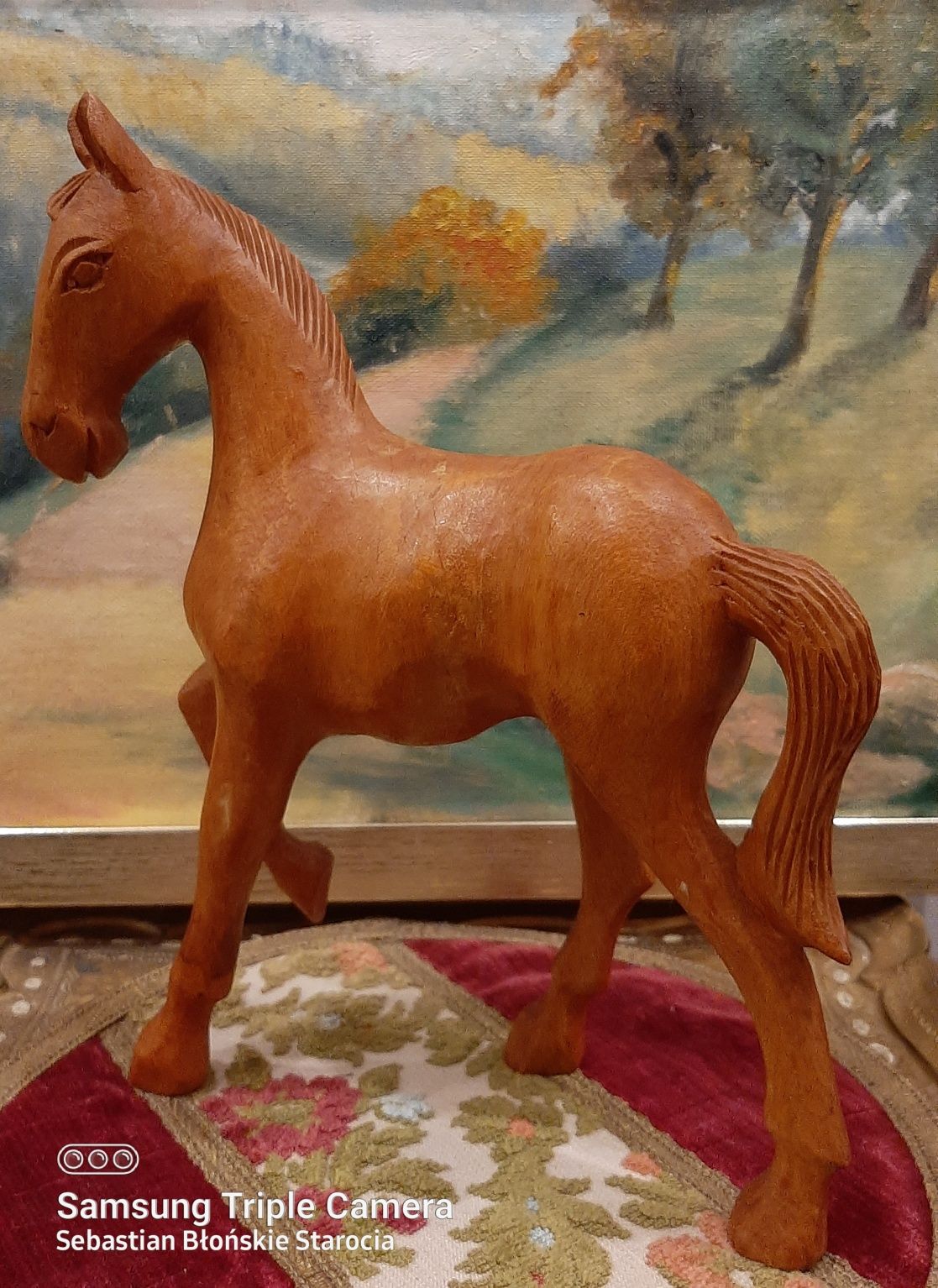 Piękny stary duży rzezbiony koń drewniany konik figurka vintage prl