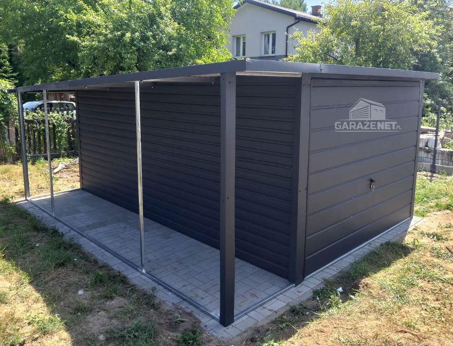 GARAŻ BLASZANY 3m X 5m + Wiata 1M. Brama Uchylna Antracyt 3X5 GB316