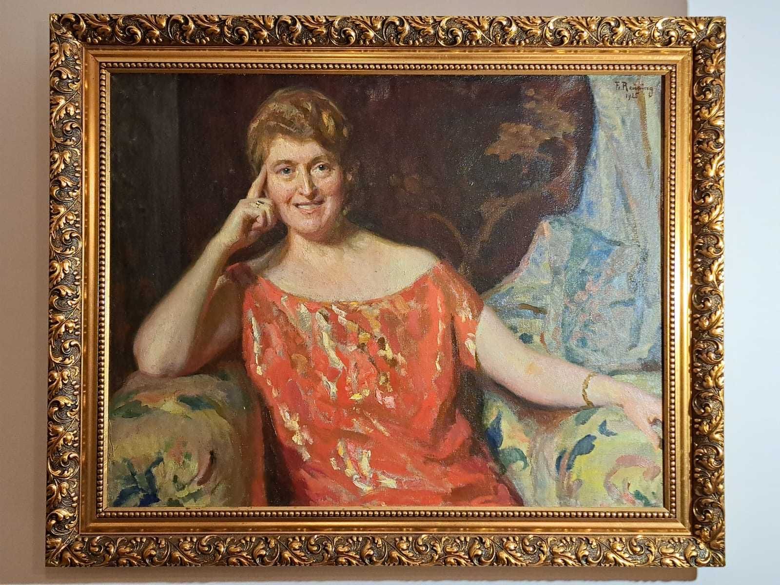 Piękny duży sygnowany obraz "Portret Kobiety w czerwonej sukni"