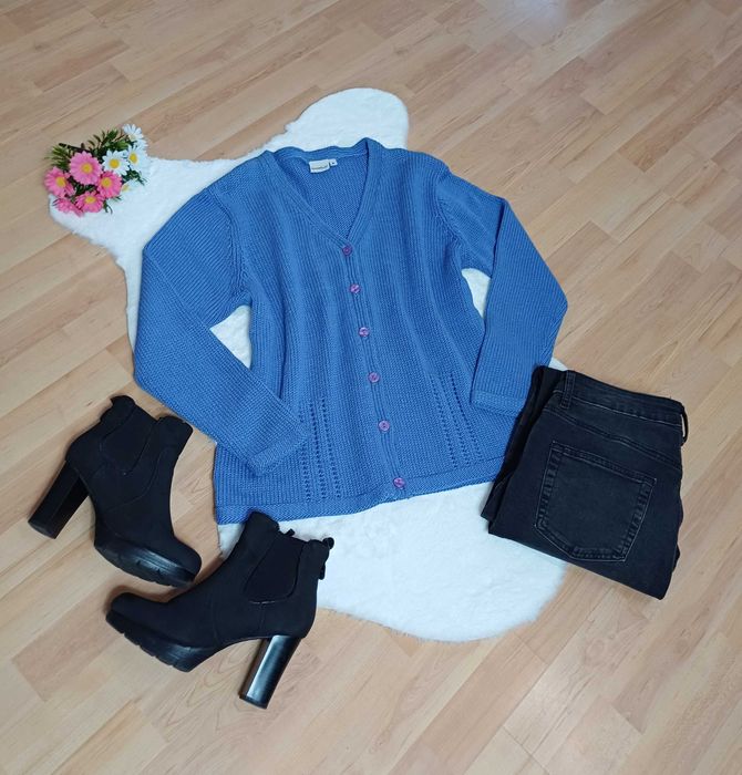 Niebieski kardigan Colourville rozmiar M na guziki na długi rękaw