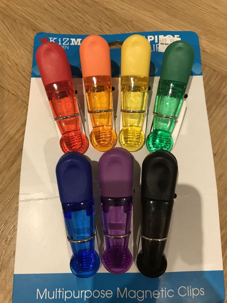 Klipsy magnetyczne do torebek, plastikowe, 7 sztuk, wielokolorowe