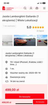 Voucher na przejazd Lamborghini Gallardo w 18 miastach w Polsce