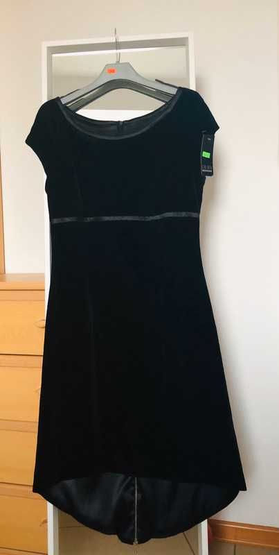 Śliczna czarna sukienka rozm. 40 L tren NOWA black dress mini