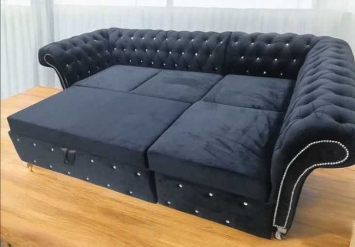 Narożnik czarny velur chesterfield 260x160 od ręki .rozkladany
