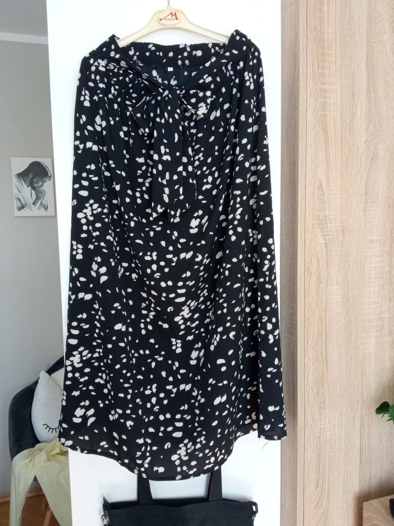 Czarna długa spódnica damska midi w białe wzory, wiązana, rozmiar L