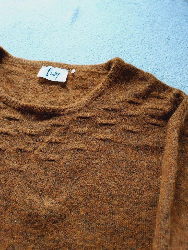 Sweter wełniany z pufowanymi rękawami, M 38 rudy, wełna moher