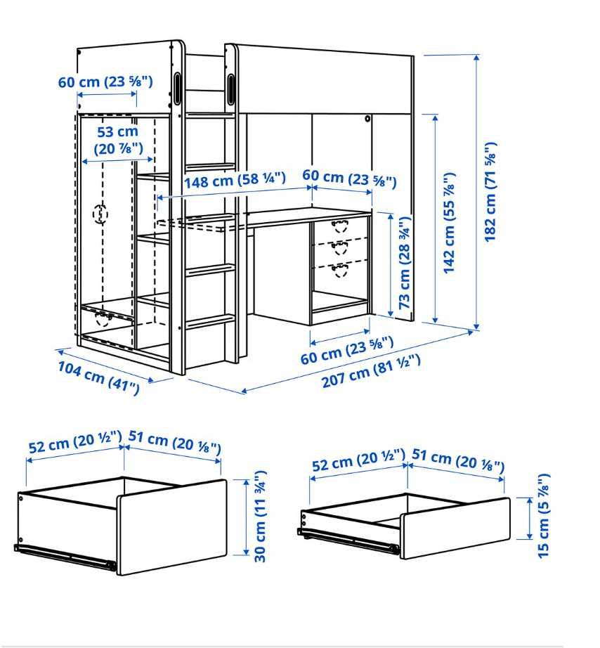 Łóżko piętrowe/antresola IKEA SMÅSTAD, białe/szare, bez materaca