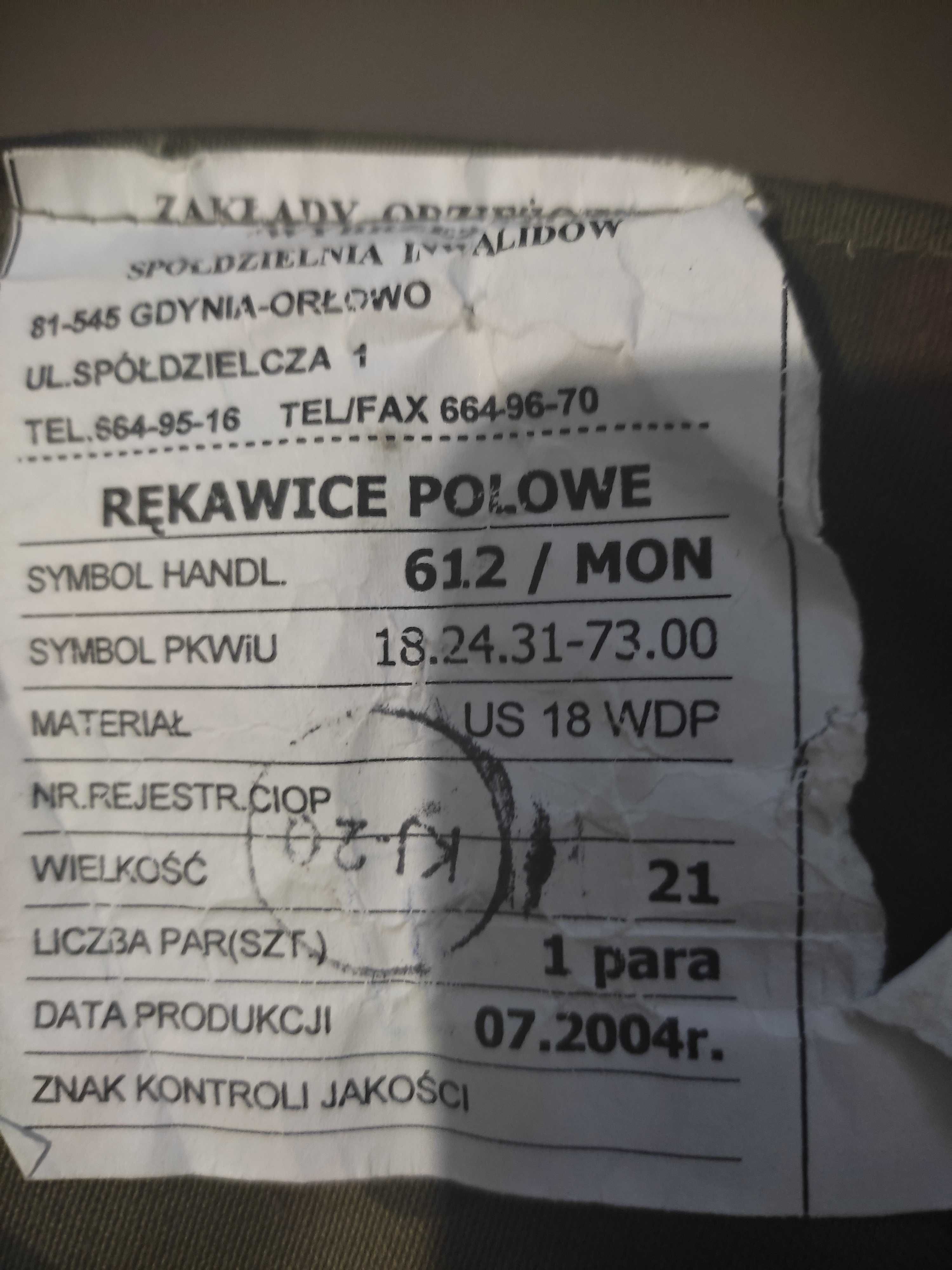 Rękawice wojskowe polowe wz612/MON