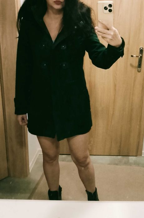 Płaszcz wełniany zimowy rossodisiera 38 m zielony  kaptur futerko