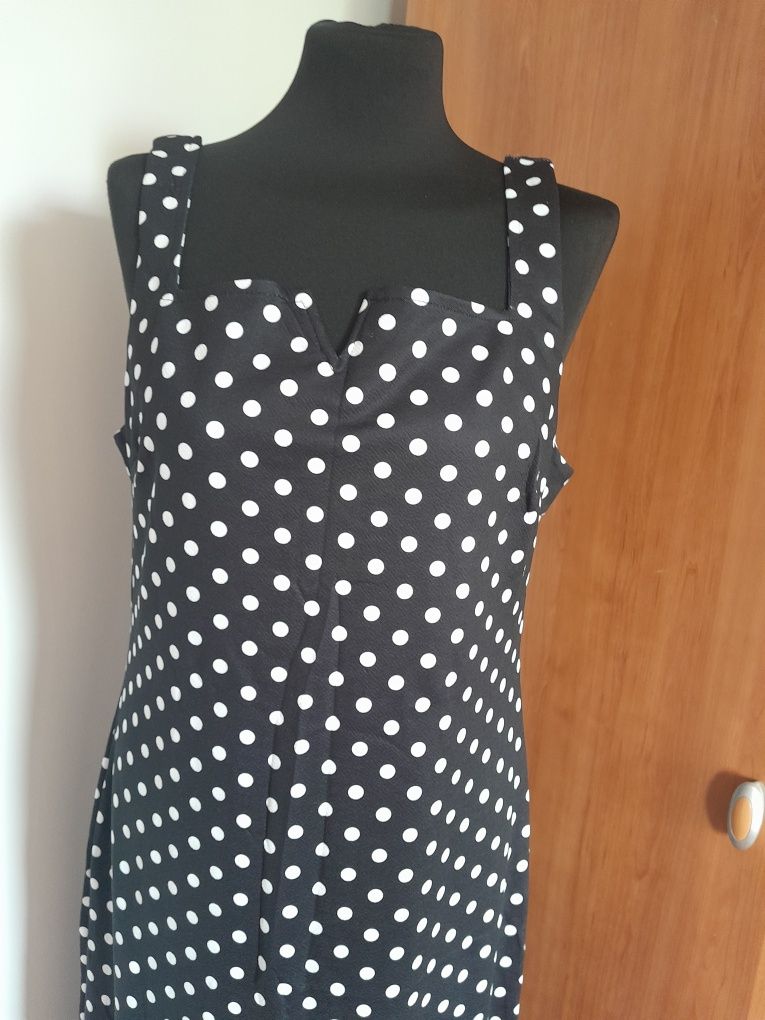 Sukienka dłuższą maxi na ramiączkach Czarna w białe kropki L M 38 40