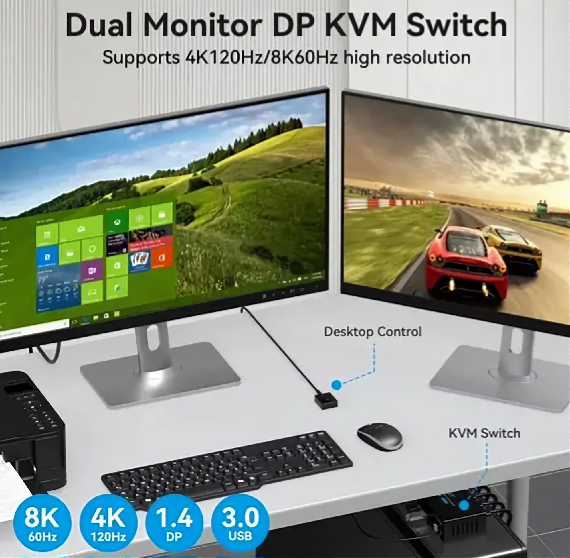 KVM переключатель 8K DisplayPort для двух компьютеров и одного монитор