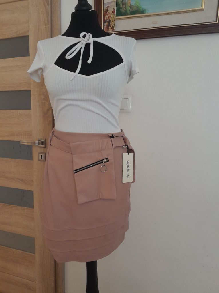 Skórzana spódnica spódniczka brudny pudrowy róż ecoskora saszetka XL