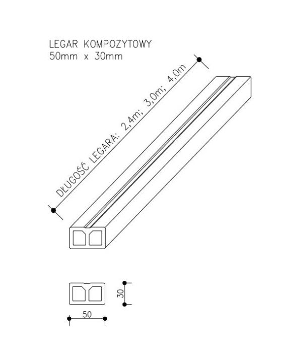 Legar kompozytowy do deski tarasowej - długość: 2,4 m, 3 m i 4 m