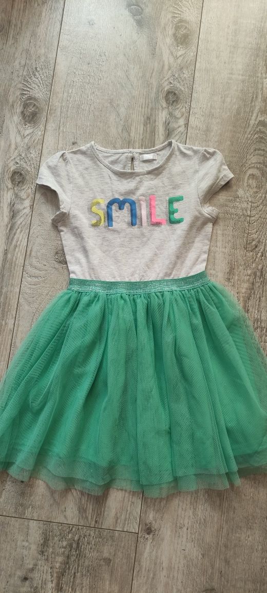 r.128 Letnia sukienka dziewczęca Smile szaro-zielona