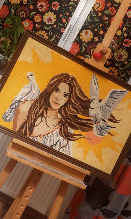 Piękny obraz haftowany  rama Austria lata 60-70 vintage  rękodzieło