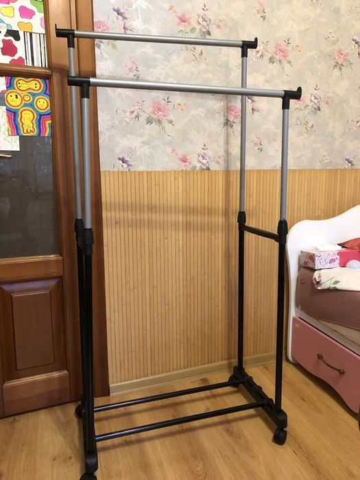 Посилена телескопічна стійка вішалка для одягу Double Pole 160см-30кг