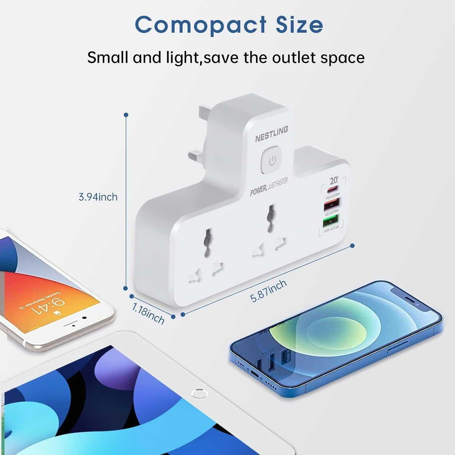 Adapter z podwójną wtyczką Nestling z 2 USB-A i 1 USB-C Z LAMPKĄ