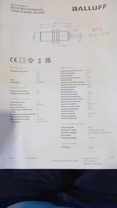 Sensor indutivo 18 mm 24vdc PNP BALLUFF