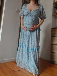 Długa suknia ciążowa Asos błękitna w kwiaty koronki odkryte plecy bufk
