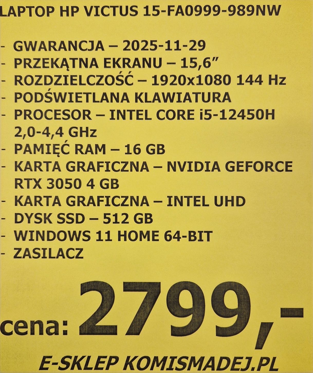 Laptop gamingowy HP VICTUS 15-FA0999, gwarancja, Komis Jasło Czackiego