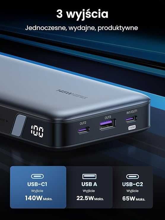 UGREEN Power Bank 140W Zewnętrzna bateria  25000mAh USB C MacBookiem