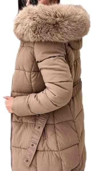 Pikowany puchowy zimowy płaszcz kurtka CAMEL jenot pasek futro XL