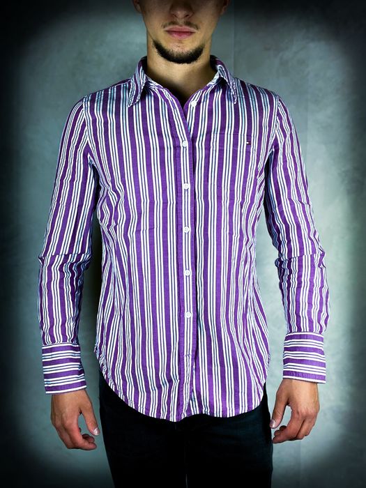 «Tommy Hilfiger» Męska Koszula Fioletowa Biała w Paski / S