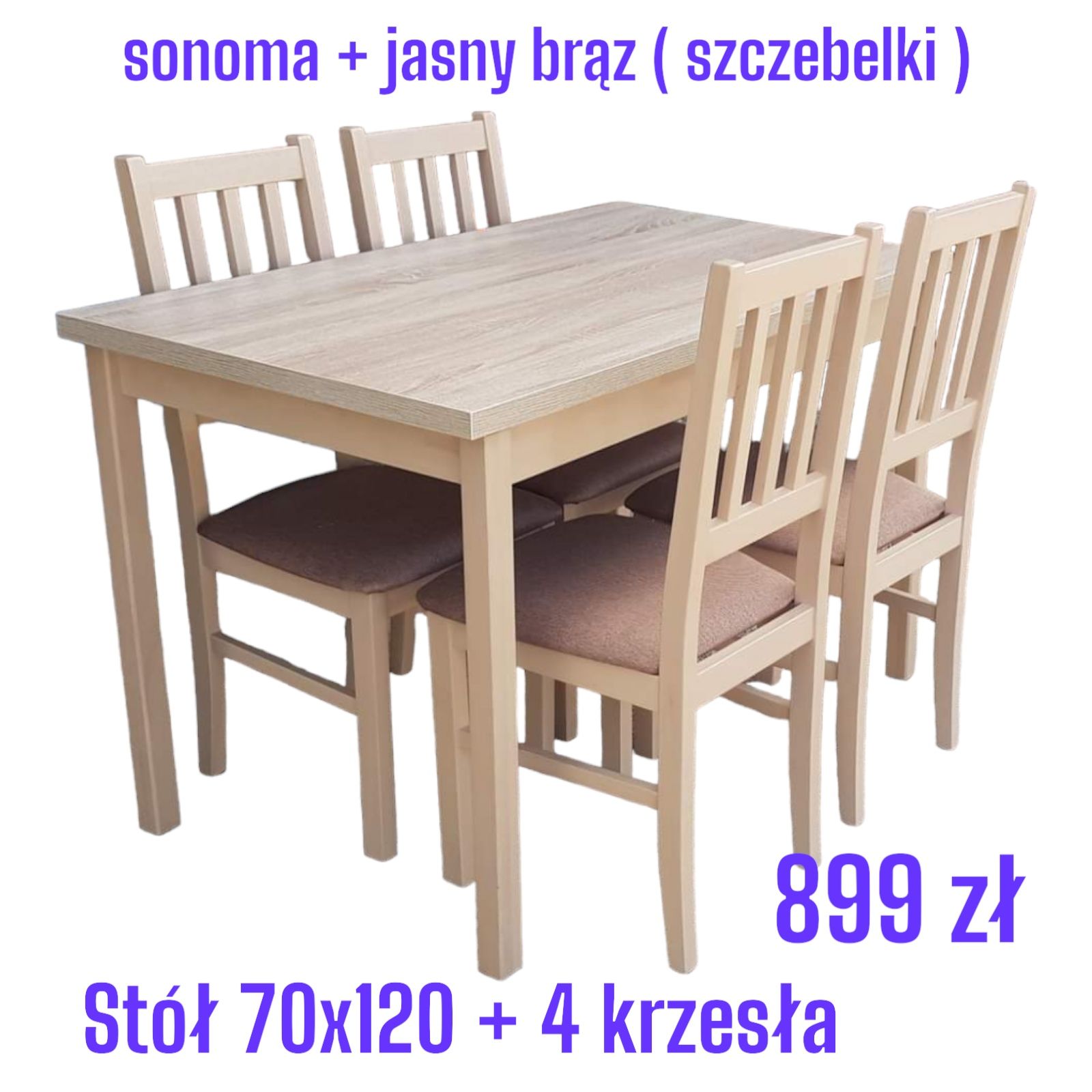 Nowe: Stół 70x120 + 4 krzesła, orzech + beż ( szczebelki) dostawa PL