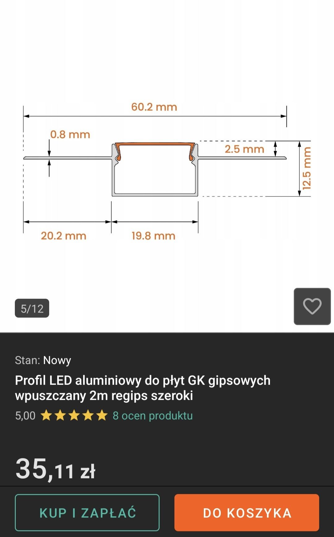Profil LED aluminiowy do płyt GK gipsowych wpuszczany 2m