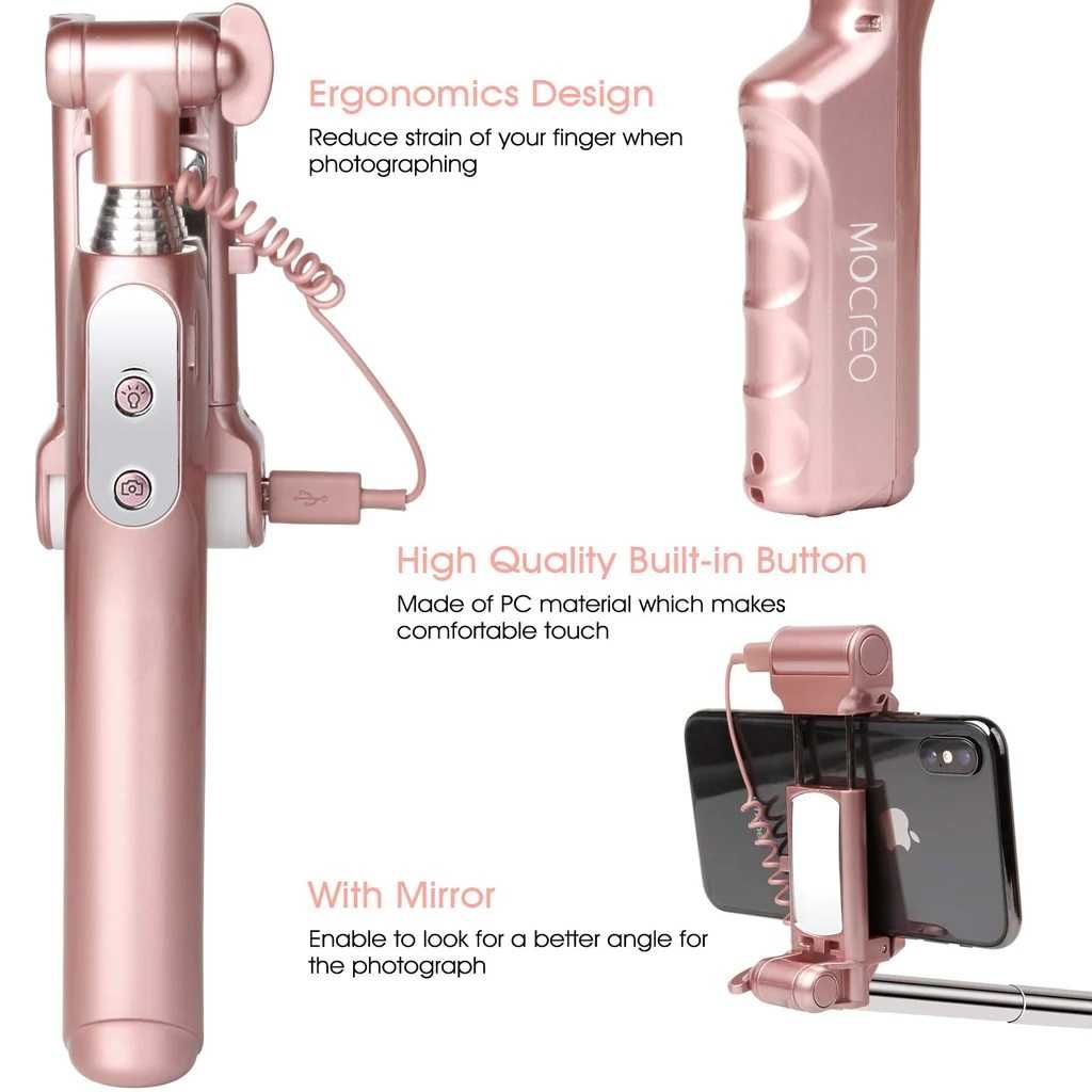 Selfie stick Mocreo, statyw do selfie l z lampką i lusterkiem.