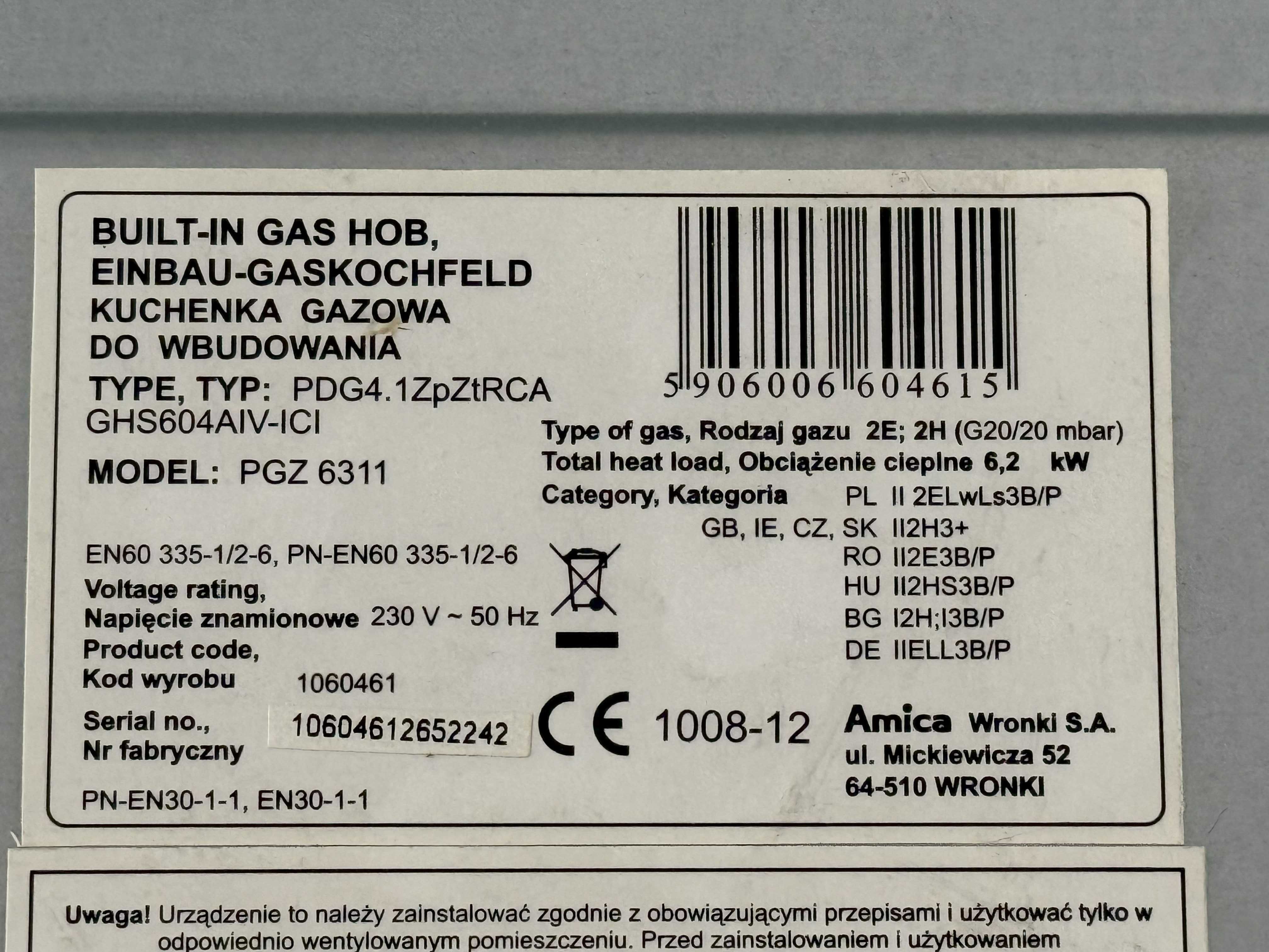 Sprzedam płytę gazową Amica PGZ 6311