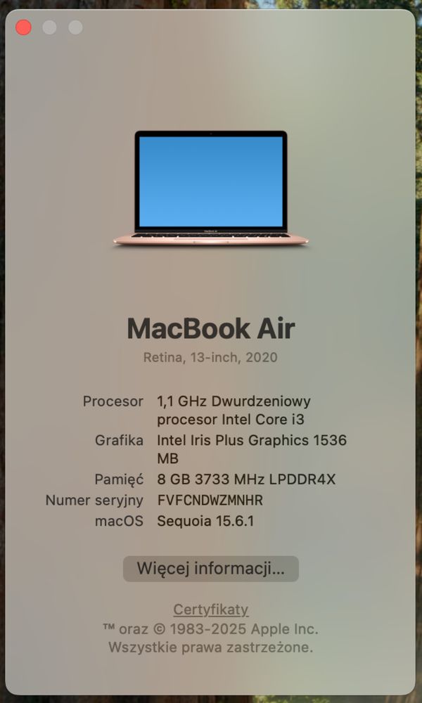 MacBook Air 13” 2020 i3 / 8GB / 256GB Retina / tylko 158 cykli baterii