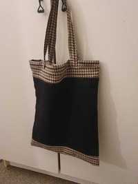 czarna TORBA na ramię zakupy shopper bag A4 brąz/beż pepitka 36*43