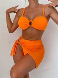 Strój Kąpielowy Bikini Marszczony Z Pareo Tanga Pomarańczowy Shein S