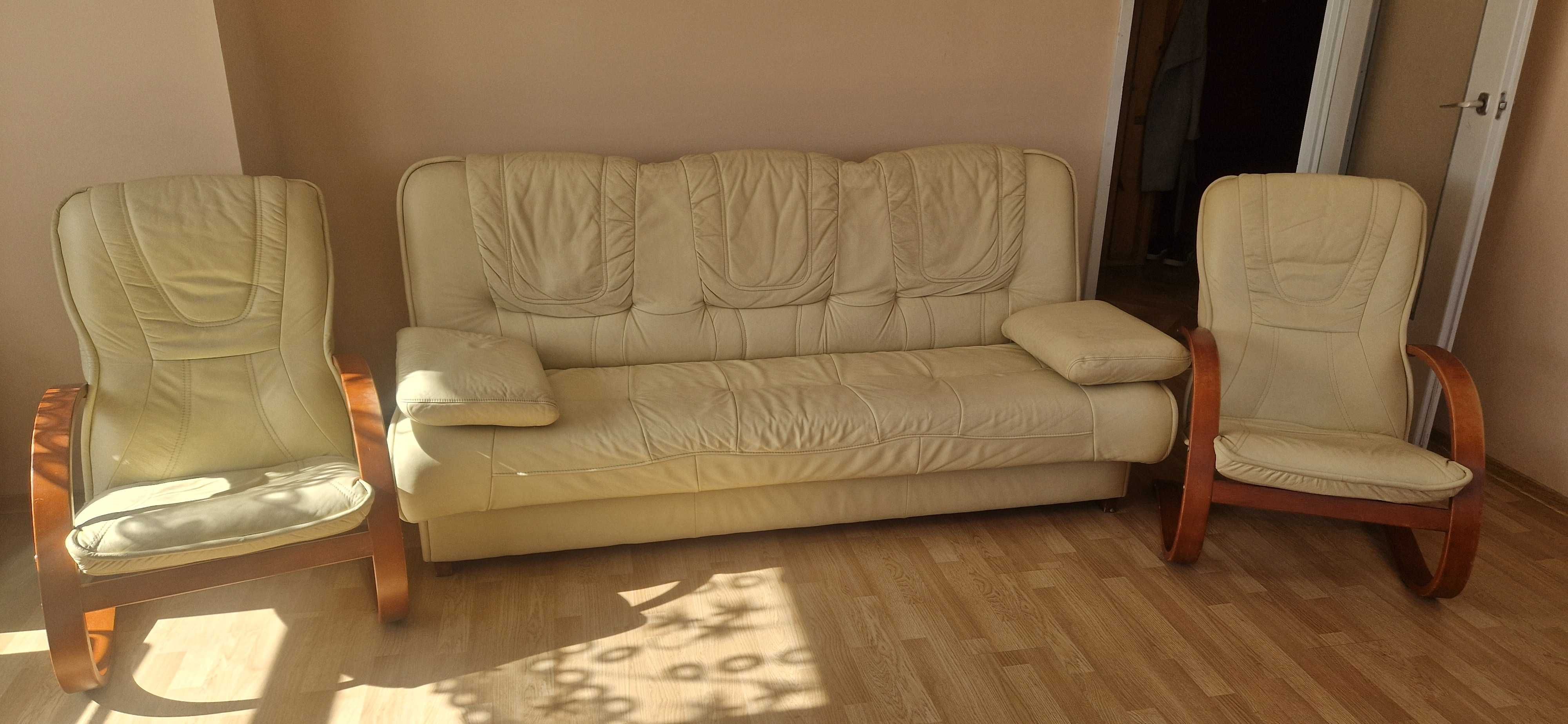 Komplet kremowa Sofa/kanapa z skóry + 2 fotele