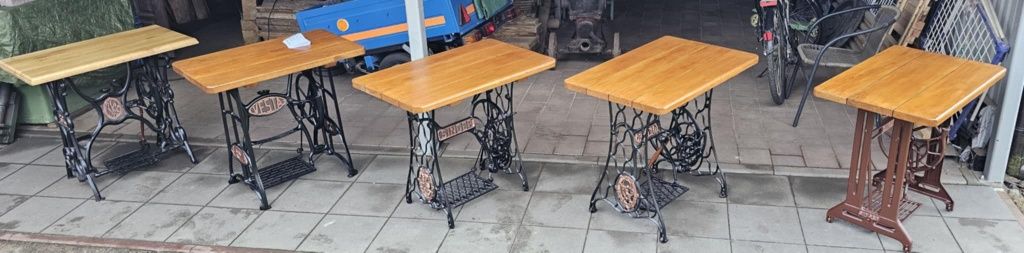 Dębowe stoliki na podstawie maszyny do szycia