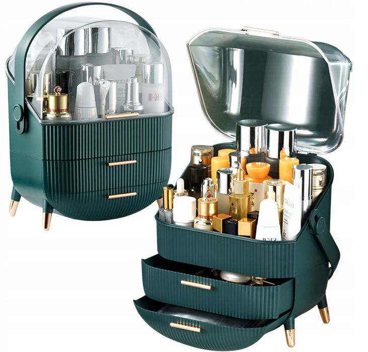 Zielony organizer na kosmetyki, kuferek na biżuterię, szkatułka