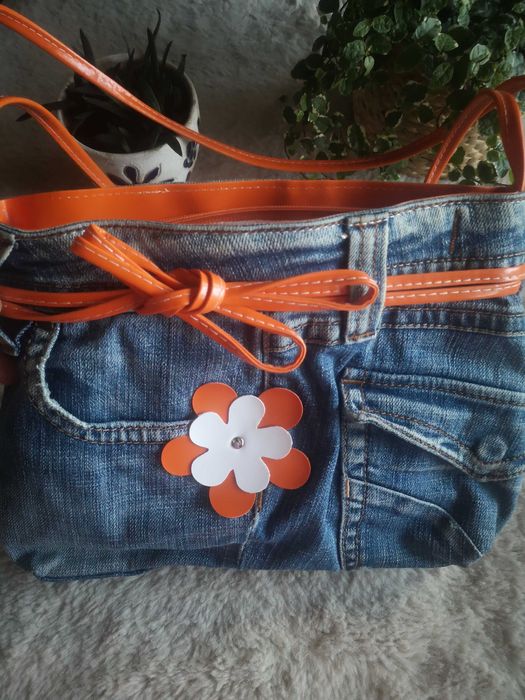 Jeansowa handmade torebka z kwiatkiem