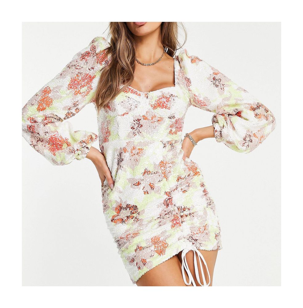 Cekinowa sukienka mini gorsetowa bufki kwiaty drapowana s 36 asos luxe