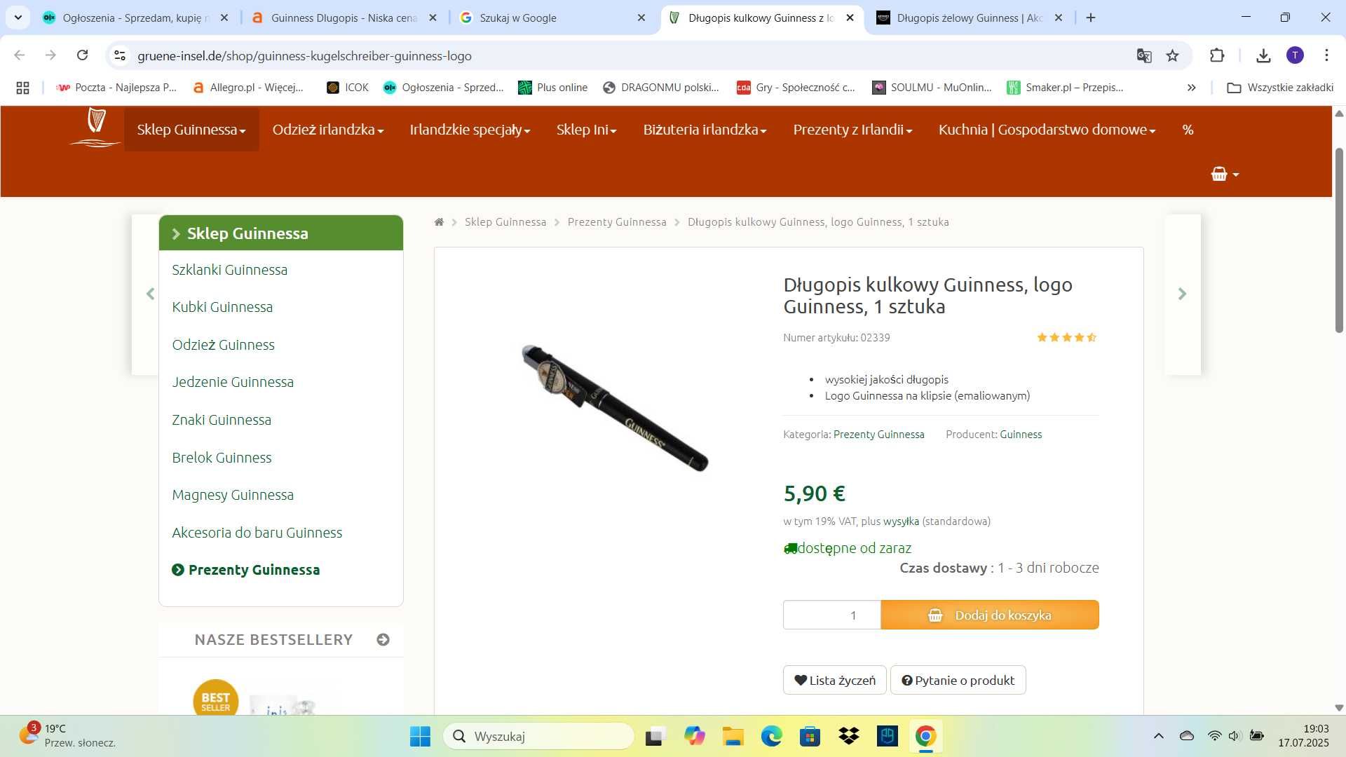 długopisy GUINNESS zestaw, prezent