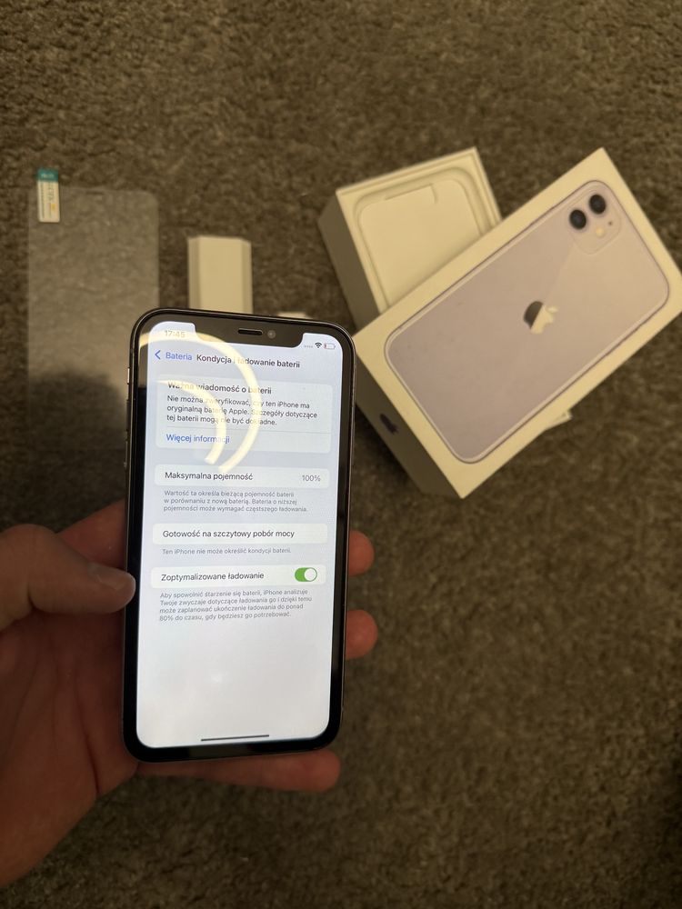 iPhone 11 64GB • Fioletowy • Jak nowy • Kostka • Kabel • Szkło