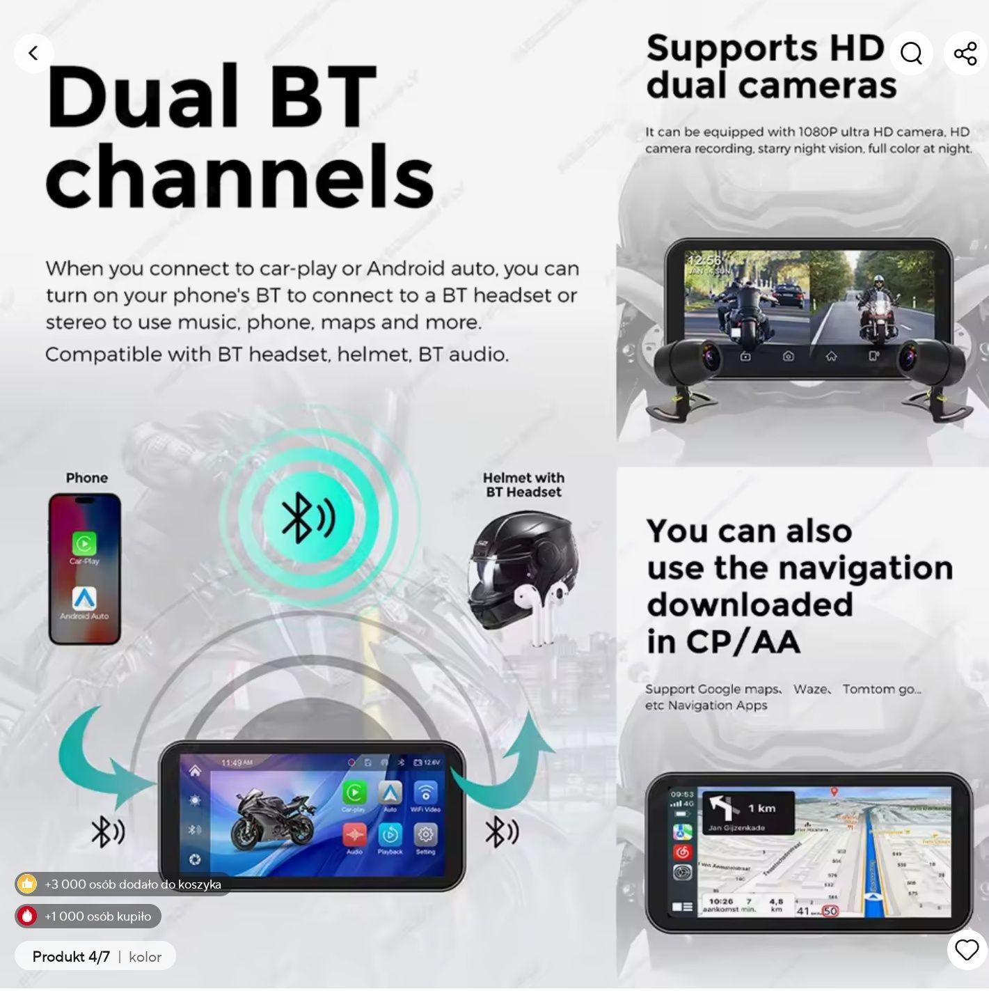 6.25 Rejestrator Motocyklowy FHD CarPlay Android Auto IP67 Dual Kamera