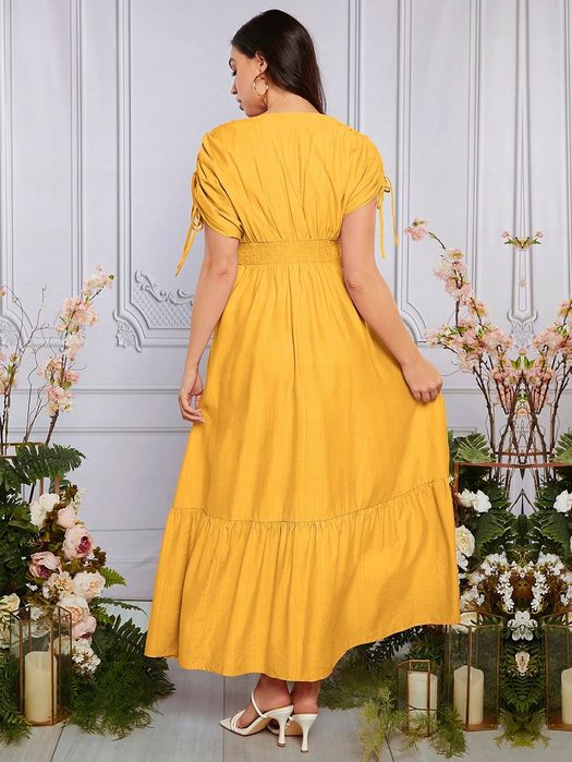 Sukienka Ciążowa Rozkloszowana Z Falbankami Casual Maxi Żółta Shein Xl