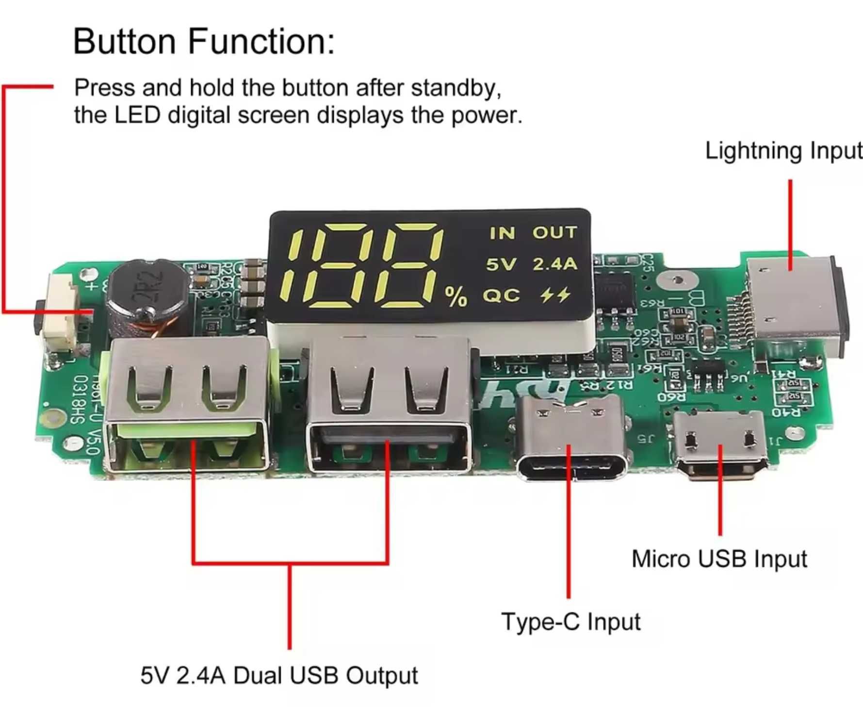 Power Bank Moduł ładowania USB 5V 2.4A Micro/Type-C USB - 18650 itp.