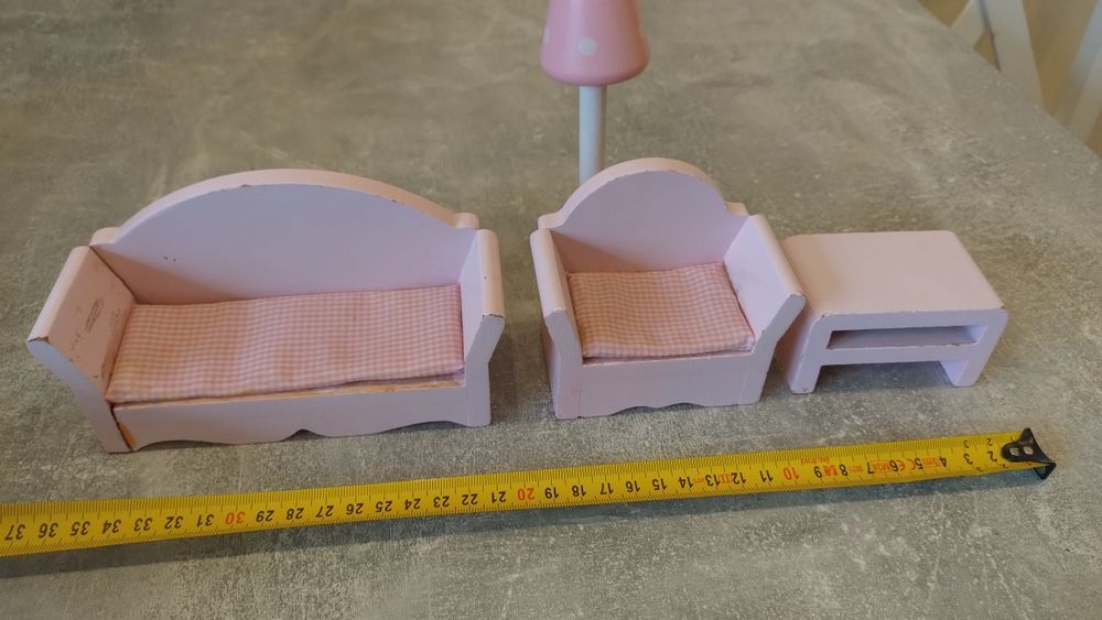 Mebelki dla lalek, fotel sofa stolik kawowy, lampa