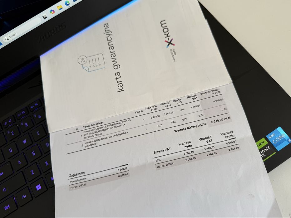 Laptop Gigabyte Aorus 15 360 Hz rtx4060 Gw.